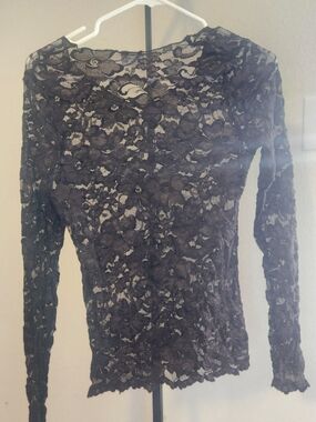 Black Floral Lace Long-Sleeve Sheer Blouse